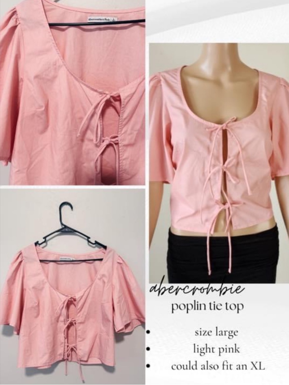 Abercrombie & Fitch Light Pink Tie-Front Poplin Crop Top